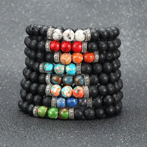 Natürliches Lavastein Perlenarmband Für Damen Herren Yoga Energie Armband Mit Mantra Legierung Abstandsperlen Schmuck