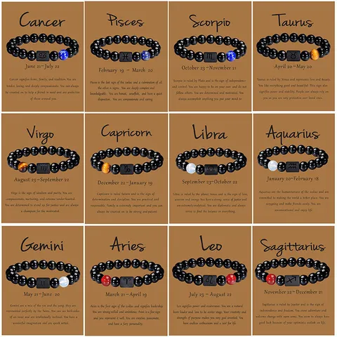 Natürlicher Schwarzer Onyx Stein Tierkreis Armband Achat Perlenarmband Für Herren Damen Paare Minimalistisch Schütze Löwe Schmuck Geschenk