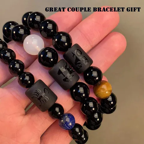 Natürlicher Schwarzer Onyx Stein Tierkreis Armband Achat Perlenarmband Für Herren Damen Paare Minimalistisch Schütze Löwe Schmuck Geschenk