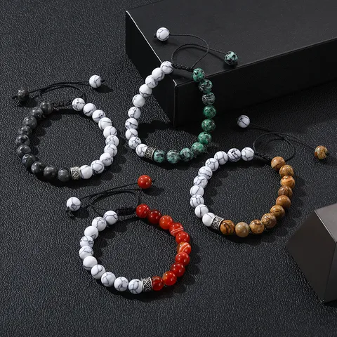 Naturstein Perlen Geflochtenes Armband Mit Tibetischen Silberakzenten Geometrisch Verstellbar Yoga Gebet Handschmuck Für Unisex Herren Damen