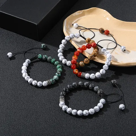 Naturstein Perlen Geflochtenes Armband Mit Tibetischen Silberakzenten Geometrisch Verstellbar Yoga Gebet Handschmuck Für Unisex Herren Damen