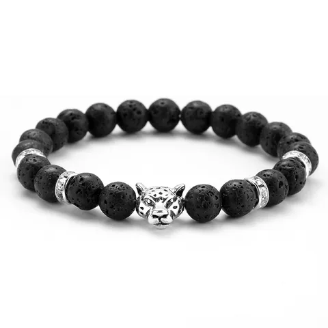 Naturstein Perlenarmband Herren Legierung Leopard Gepard Kopf Charm Dehnbares Elastisches Armband Strass Eingelegt Poliert Energie Handschmuck Geschenk