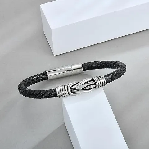 Men's Stainless Steel Leather Bracelet Magnetic Clasp Braided Twisted Bangle Fashion Casual Wrist Jewelry Gift