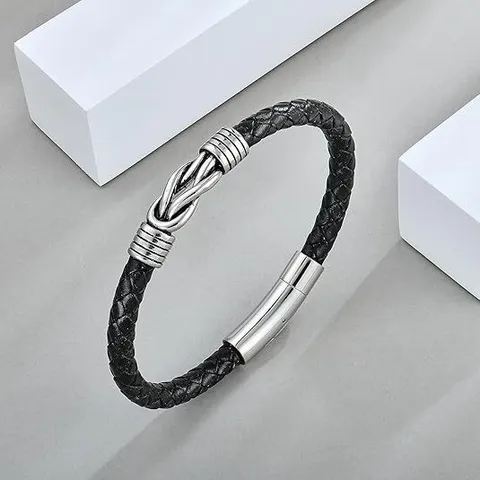 Men's Stainless Steel Leather Bracelet Magnetic Clasp Braided Twisted Bangle Fashion Casual Wrist Jewelry Gift
