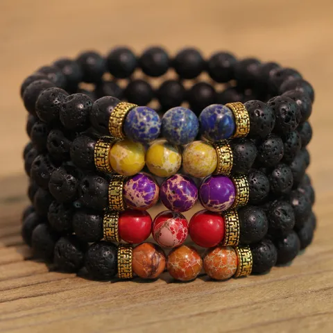 Natürliches Lavastein Perlenarmband Für Damen Herren Yoga Energie Armband Mit Mantra Legierung Abstandsperlen Schmuck