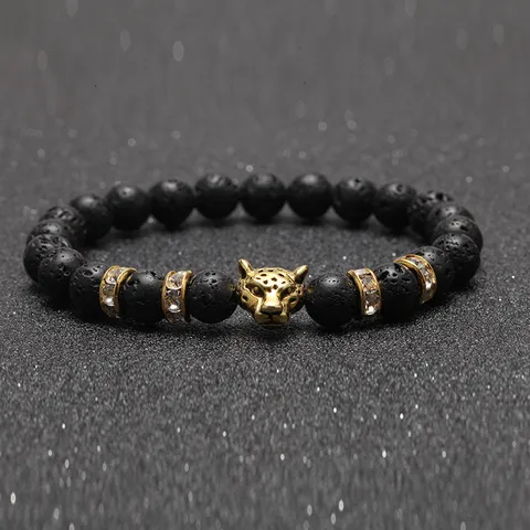Vintage Naturstein Perlenarmband Legierung Leopardenkopf Strass Charm Elastisches Armband Unisex Punk Street Schmuck Geschenk