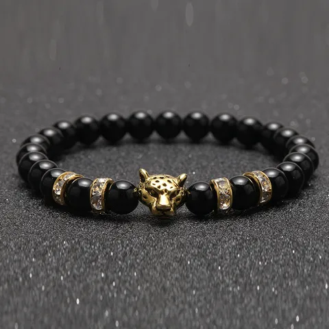Vintage Naturstein Perlenarmband Legierung Leopardenkopf Strass Charm Elastisches Armband Unisex Punk Street Schmuck Geschenk