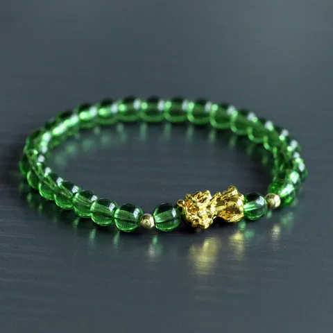 Retro Chinese Style Crystal Beads Bracelet With Golden Pixiu Pendant Lucky Amulet Beaded Strand Bracelet Gift For Women Men Jewelry