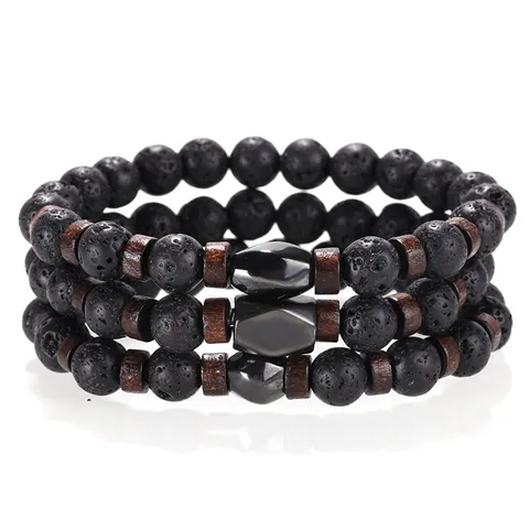 Pulsera de Cuentas de Ágata y Piedra de Lava para Hombre Estilo Vintage Euroamericano Hecha a Mano de Madera Geométrica Capas Joyas
