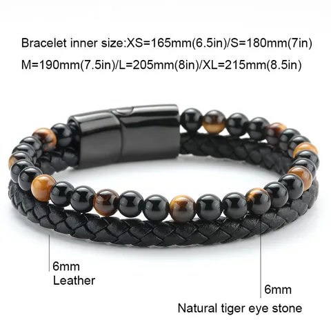 Herren Doppelspur Leder Tigerauge Naturstein Armband Edelstahl Magnetverschluss Perlen Geflochtenes Armband Vatertag Geschenk