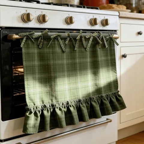Handmade Oven Skirt Kitchen Appliance Dust Cover Plaid Ruffle Bowknot Oven Decor Fabric Home Decoration