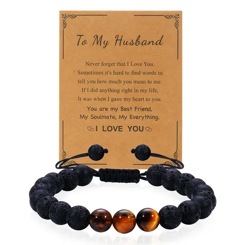 Herren Natürlicher Vulkanstein Tigerauge Perlenarmband Verstellbar Handgefertigt Schmuck Geschenk für Freund Ehemann Sohn