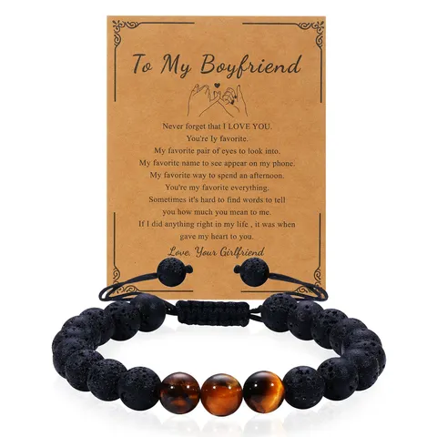 Herren Natürlicher Vulkanstein Tigerauge Perlenarmband Verstellbar Handgefertigt Schmuck Geschenk für Freund Ehemann Sohn