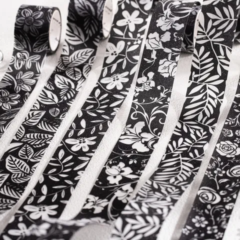 Cinta Decorativa PET Blanco y Negro Arena Brillante Patrón Floral Botánico para Scrapbooking Journaling Manualidades