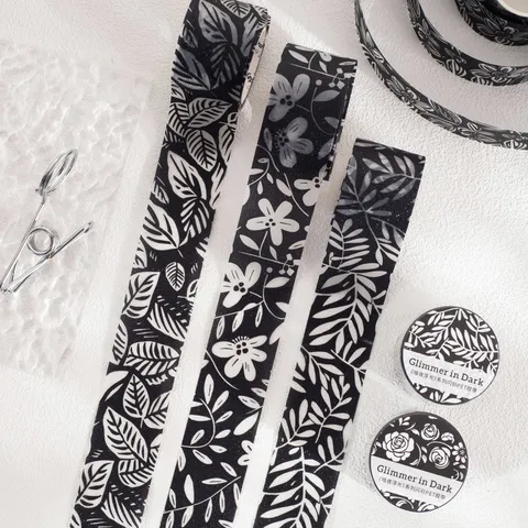 Cinta Decorativa PET Blanco y Negro Arena Brillante Patrón Floral Botánico para Scrapbooking Journaling Manualidades
