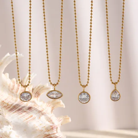 Minimalist Stainless Steel Ball Chain Necklace With Oval Marquise Teardrop Rhinestone Pendant Gold Plated Jewelry Gift For Women