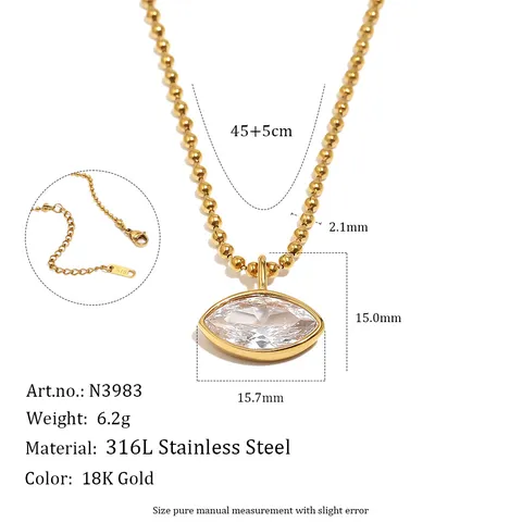 Minimalist Stainless Steel Ball Chain Necklace With Oval Marquise Teardrop Rhinestone Pendant Gold Plated Jewelry Gift For Women