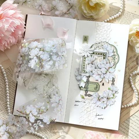 Fresh Floral PET Sticker Tape Laser Iridescent Shell Light Masking Tape Botanical Cherry Blossom Magnolia Scrapbooking Supplies Journal Decoration Roll