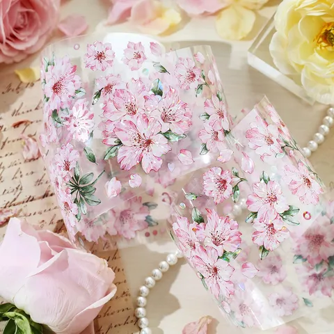 Fresh Floral PET Sticker Tape Laser Iridescent Shell Light Masking Tape Botanical Cherry Blossom Magnolia Scrapbooking Supplies Journal Decoration Roll