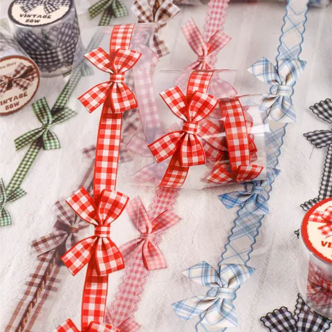 Vintage Bow Gingham Checkered PET Decorative Tape For DIY Scrapbooking Journaling Planner Aesthetic Stationery Accessory