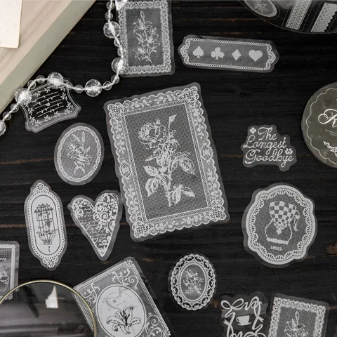 Yanji PET Decorative Tape Pixel Rosette Series White Lace Pattern Vintage DIY Scrapbooking Material Journaling Stickers Roll