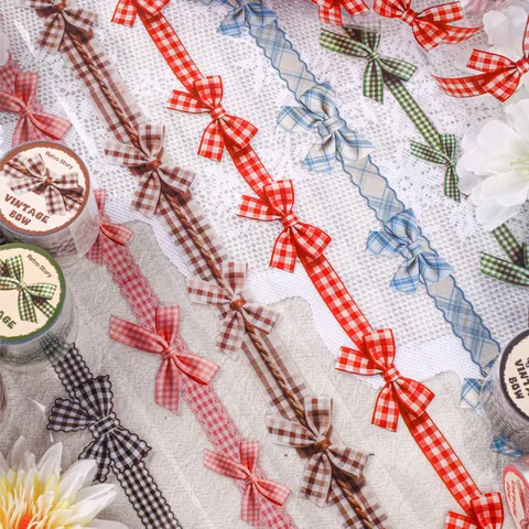 Vintage Bow Gingham Checkered PET Decorative Tape For DIY Scrapbooking Journaling Planner Aesthetic Stationery Accessory
