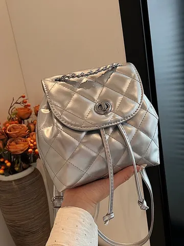 Damen Gesteppter Kette Schloss Rucksack Koreanischer Stil Weich PU Leder Klein Mode Pendeln Silber Weiß Schwarz Blau Tasche