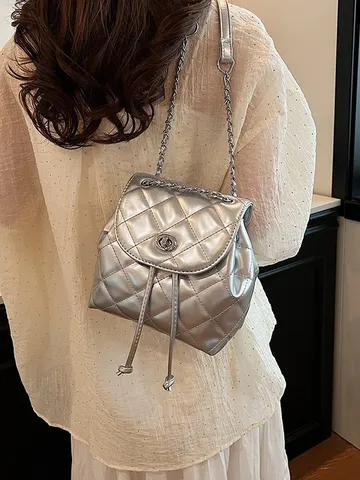Damen Gesteppter Kette Schloss Rucksack Koreanischer Stil Weich PU Leder Klein Mode Pendeln Silber Weiß Schwarz Blau Tasche