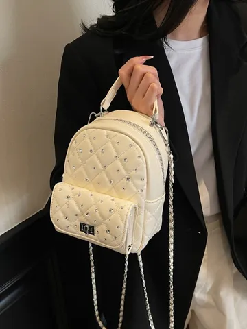 Women Mini Quilted Rhinestone PU Leather Backpack Fashion Chain Shoulder Bag Urban Trend Small Messenger Bag For Daily Casual