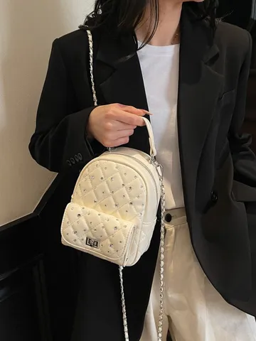 Women Mini Quilted Rhinestone PU Leather Backpack Fashion Chain Shoulder Bag Urban Trend Small Messenger Bag For Daily Casual