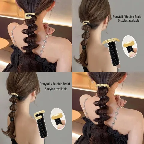 Women High Elastic Telephone Wire Hair Ring Bubble Braid Styling Accessory Japanese Style Alloy Metal Decoration Hair Tie Gold Silver Hair Accessory