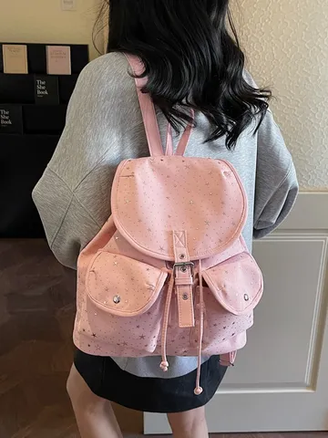 Women Star Pattern Canvas Backpack Preppy Style Flap Drawstring Bag For School Travel Fashion Casual Schoolbag For Girls