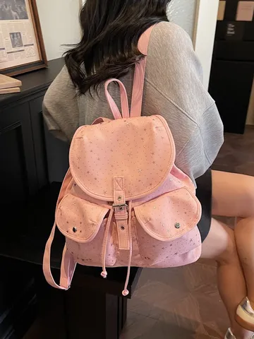 Women Star Pattern Canvas Backpack Preppy Style Flap Drawstring Bag For School Travel Fashion Casual Schoolbag For Girls