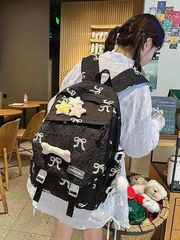 Lindo Mochila Bordada Con Lazo Para Niñas Bolsa Escolar De Nailon De Gran Capacidad Con Colgante De Peluche