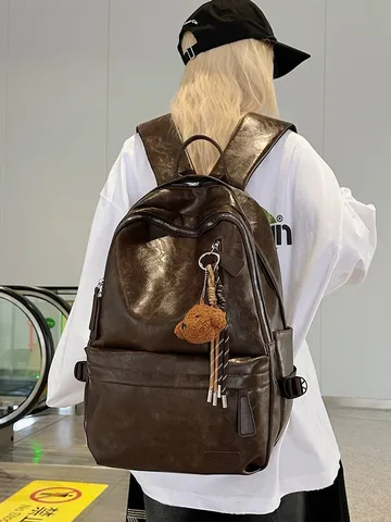 Mochila de Cuero PU Vintage de Gran Capacidad para Hombre Mujer Retro Impermeable Bolsa de Viaje Escolar Negro Marrón Mochila de Negocios