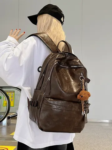 Mochila de Cuero PU Vintage de Gran Capacidad para Hombre Mujer Retro Impermeable Bolsa de Viaje Escolar Negro Marrón Mochila de Negocios