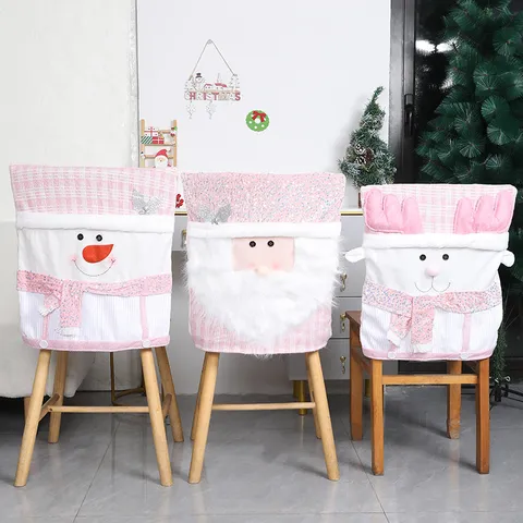 Pink Christmas Chair Cover Candy Basket Plush Doll Santa Snowman Reindeer Holiday Home Restaurant Table Decor