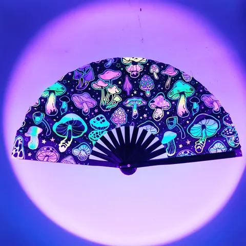 Large Folding Hand Fan UV Fluorescent Bamboo Bone Satin Fabric Psychedelic Mushroom Pattern Party Rave Nightclub Prop