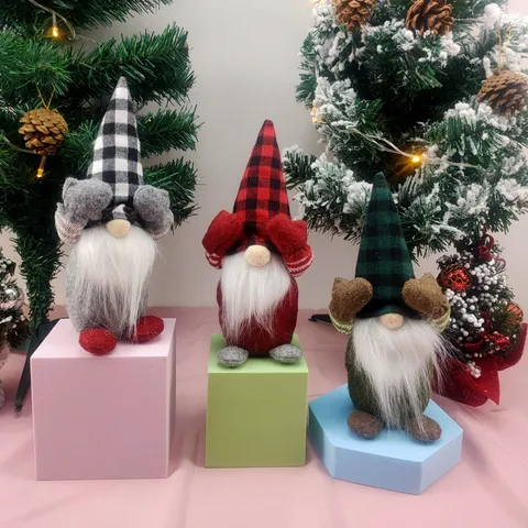Christmas Faceless Doll Gnome Plush Toy Plaid Hat Cute Faceless Old Man Figurine Holiday Window Display Home Decor