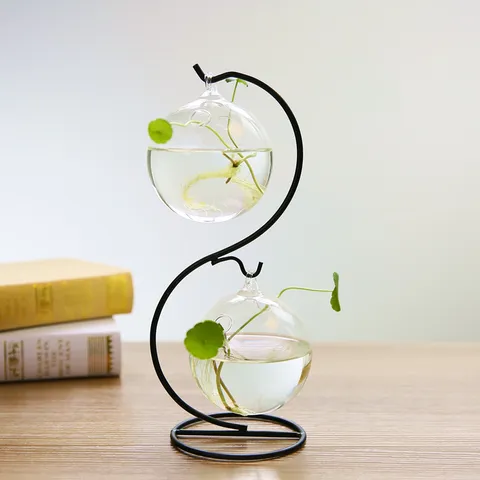 Europese Stijl Hangende Glazen Vaas Hydrocultuur Plant Terrarium Met Ijzeren Standhouder Transparante Bureau Bloempot Huisdecoratie