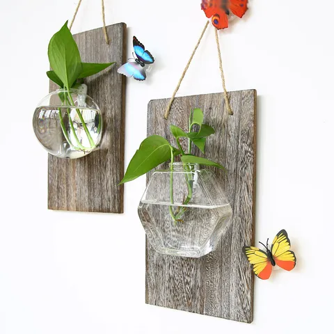 Vaso in Vetro da Parete Con Pannello in Legno Contenitore per Piante Idroponiche Vaso di Fiori Sospeso Trasparente per Decorazioni