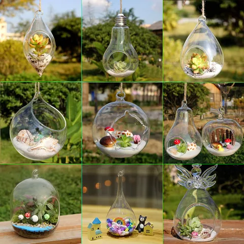 Clear Glass Hanging Terrarium Vase Pastoral Style DIY Succulent Plant Container Home Decor