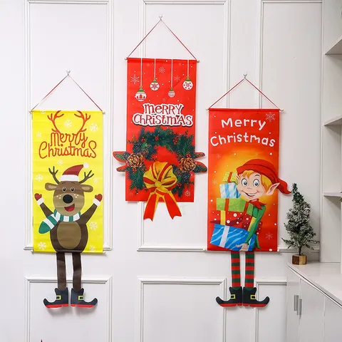 Christmas Hanging Flag Banner Santa Snowman Reindeer Polyester Fabric Wall Tapestry Festive Holiday Party Decor