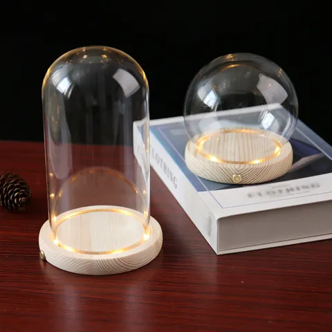 Couvercle de Présentation en Verre Borosilicaté Transparent avec Base en Bois LED Interrupteur Tactile pour Décoration d'Intérieur