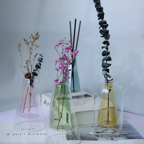 Minimaliste Nordique Double Couche Vase en Verre Coloré Tasse d'Aromathérapie Transparente Créative Ornement de Bureau