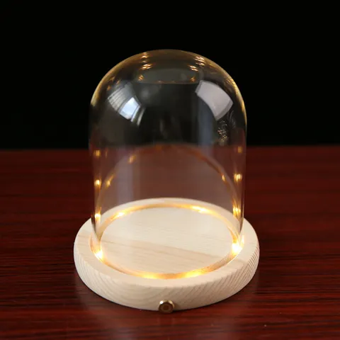 Couvercle de Présentation en Verre Borosilicaté Transparent avec Base en Bois LED Interrupteur Tactile pour Décoration d'Intérieur