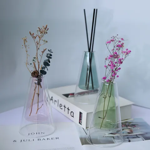 Minimaliste Nordique Double Couche Vase en Verre Coloré Tasse d'Aromathérapie Transparente Créative Ornement de Bureau