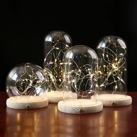Dôme en Verre Avec Guirlande Lumineuse LED en Fil de Cuivre Base en Bois Interrupteur Tactile Présentoir de Fleurs Préservées Décoration Maison
