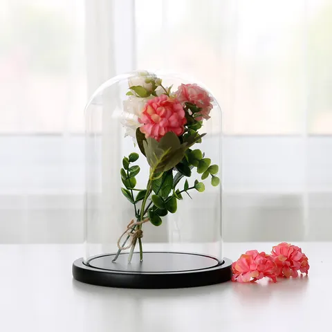 Large Glass Cover Preserved Flower Display Stand Transparent Glass Vase With Wooden Base Home Decor Craft Ornament
