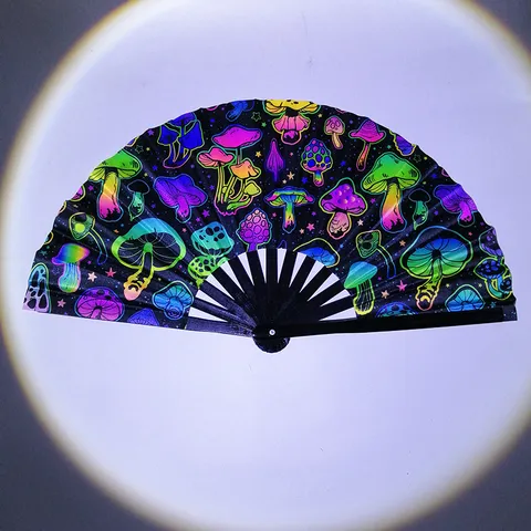Eventail Pliante Kung Fu Champignon Fluorescent Tissu Satin Os En Bambou Encre UV Lumineux Rave Fête De Festival Main Eventail